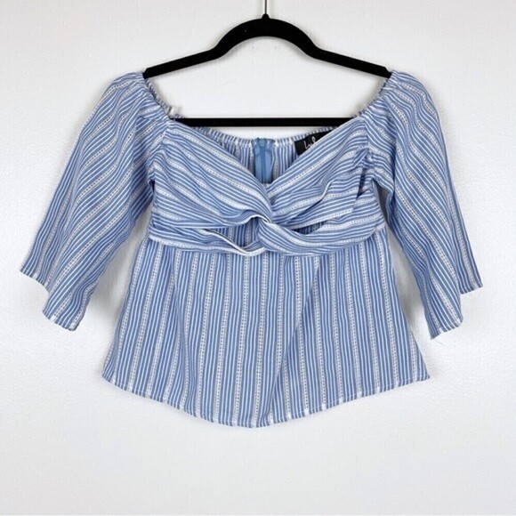 Lulu's Beyond Belief Blue Striped Knot Front Off-The-Shoulder Top Size S - Picture 3 of 10